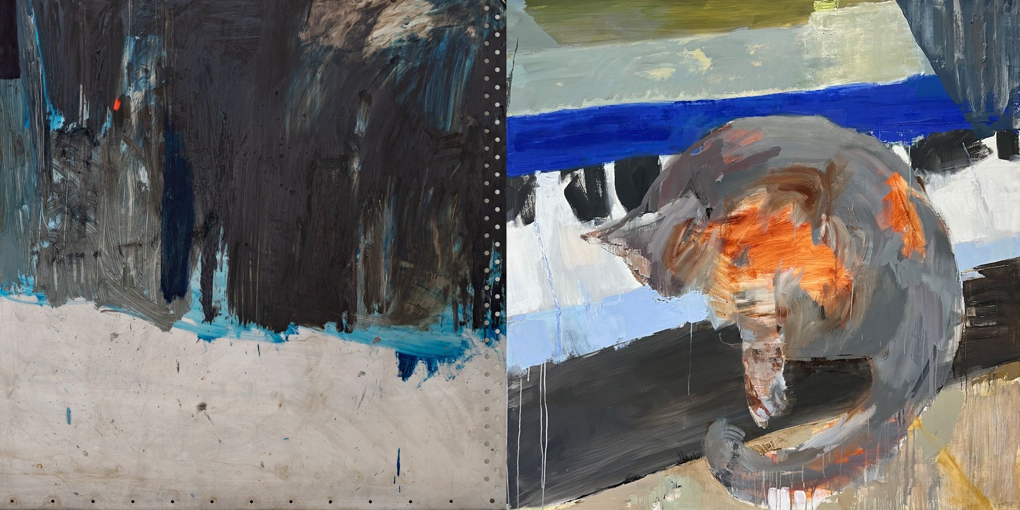 Collage of abstract oil painting of landscape on stainless steel on the left and abstract oil painting of a cat on the right